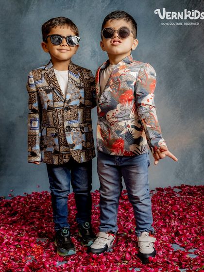 Our Jashn collection blazers are ready to make your little one shine. These unique prints are perfect for family functions or wedding celebrations.