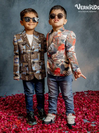 Our Jashn collection blazers are ready to make your little one shine. These unique prints are perfect for family functions or wedding celebrations.
