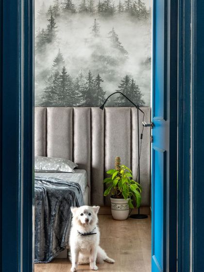 Opening the door to a forest escape in the middle of Mumbai. This bedroom features a dramatic, misty forest wallpaper that creates a sense of depth and tranquility, offering a peaceful retreat from the bustling city.