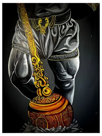 Another identical shot of the lower part of the Hanuman mural. The consistency in detail across the entire 10-foot canvas is crucial for creating a cohesive and impactful final piece.