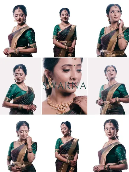 A grid collage of a bride's pre-engagement portraits, showcasing her various elegant poses.