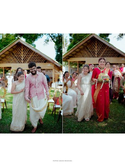 A collage showing the bride and groom's entrance to their wedding ceremony, accompanied by their daughter, a beautiful story of family.