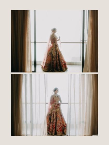 A diptych of Radhika getting ready, captured against a bright window. The silhouette effect creates a timeless and artistic feel, focusing on her form and the elegance of her gown.
