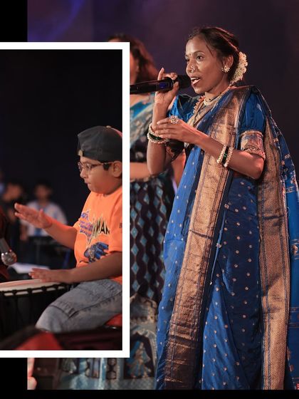 This image captures the pure joy of performance. A student on the djembe and a vocalist in a traditional saree, representing the beautiful blend of culture and music at our school.