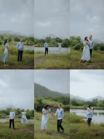 A collage of moments from a pre-wedding shoot in the monsoon greenery. It shows the couple's journey through the landscape, from playful lifts to quiet walks.