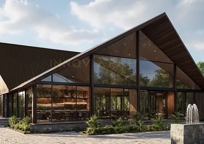 The rendered vision for The Bliss Banquet & Resort, a modern glass house designed for grand celebrations. The A-frame structure with floor-to-ceiling glass walls blurs the line between indoors and outdoors, creating an immersive experience within its natural surroundings. This project showcases our capability in large-scale hospitality architecture.