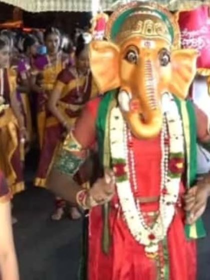 One of my students dressed as Lord Ganesha for the Pallakki Utsava procession. We use costumes and masks to bring characters to life in our thematic dances.