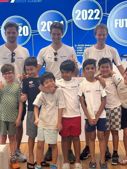 A group photo of the young international talents at the Baby Race Driver Academy.