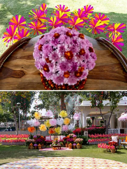 A collage showing details of the Mehendi decor, including a floral centerpiece and a wide view of the garden setup.