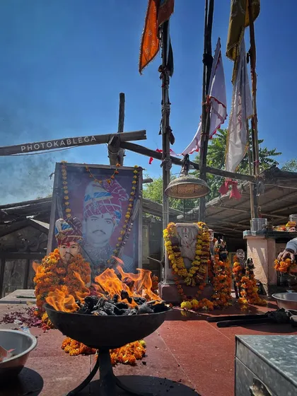 The sacred fire and altar at the Om Banna Temple, showing the blend of modern legend and traditional worship.