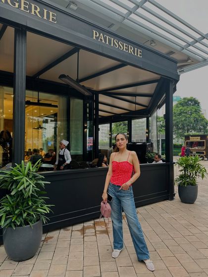 The combination of a bright top with relaxed-fit jeans is my go-to formula for an elevated basic look.