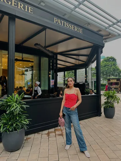 The combination of a bright top with relaxed-fit jeans is my go-to formula for an elevated basic look.