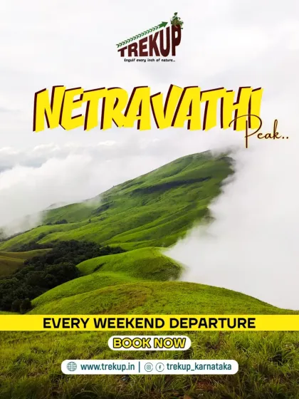 A promotional shot for the Netravathi Peak trek, highlighting the stunning view with an "Every Weekend Departure" call to action.