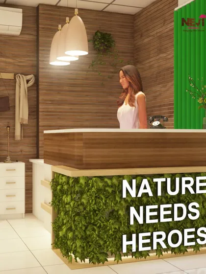 The reception and checkout counter design for the boutique. I used a green, plant-based facade for the counter to tie into the 'Nature Heroes' theme, combined with a clean wood-finish top for a modern, eco-friendly look.