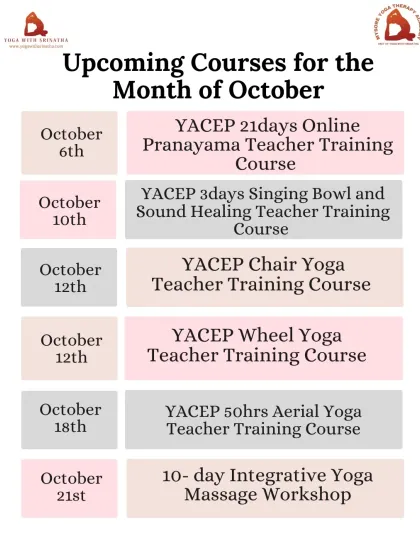 More upcoming courses for October, including specialized trainings in Pranayama, Sound Healing, Chair Yoga, Wheel Yoga, and Aerial Yoga.