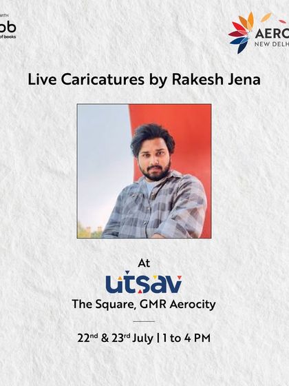 An announcement for live caricatures by artist Rakesh Jena at Utsav. This highlights the quirky and personalized fun we offer at our events.