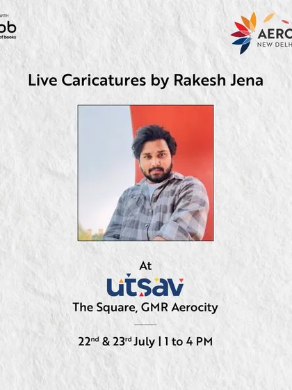 An announcement for live caricatures by artist Rakesh Jena at Utsav. This highlights the quirky and personalized fun we offer at our events.