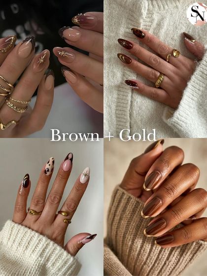 The combination of brown and gold is rich, warm, and luxurious. This board showcases different ways to pair these colors, from gold French tips on a brown base to intricate gold foil accents.