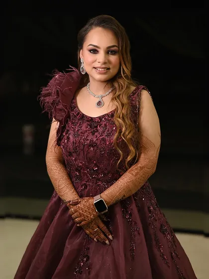 Mitali, looking absolutely stunning for her engagement. The bold makeup is balanced with elegant styling, creating a look that is both fearless and beautiful.