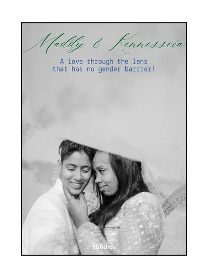 A tender portrait with the text "A love through the lens that has no gender barrier." This image directly celebrates their story and my commitment to inclusive wedding photography.