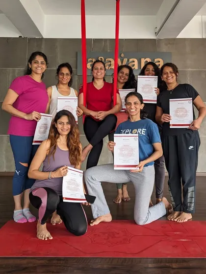 The first batch of Aayana's Aerial Yoga TTC students. A fantastic journey of hard work, strength, and fun.