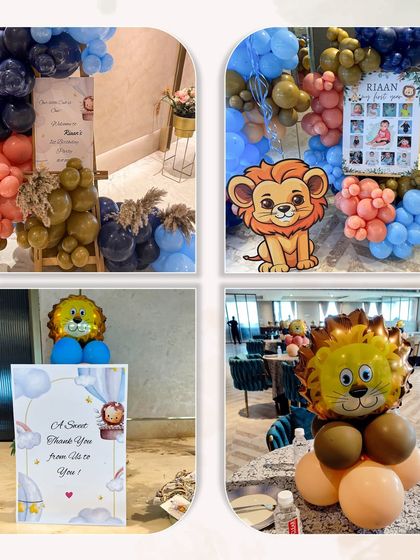 From the welcome sign to the table centerpieces, every detail of this lion-themed first birthday was coordinated. The collage displays the balloon arrangements, milestone photo board, and cute lion cutouts we used.