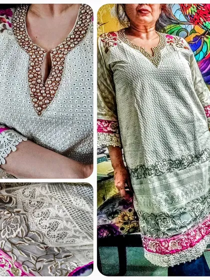 A collage showcasing the versatility and detail of the Hakoba kurta collection. You can see the pearl neckline, the intricate lace, and the overall flattering silhouette. These are available in multiple colors.