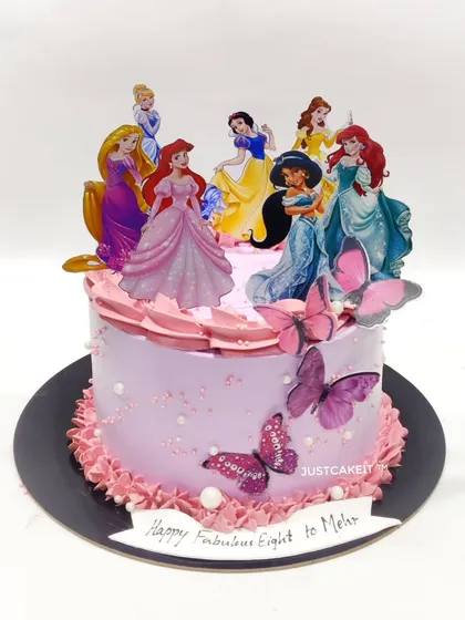 A simple and sweet Disney Princess theme cake with a lovely lavender frosting. The addition of edible butterflies adds a touch of magic to this popular design.