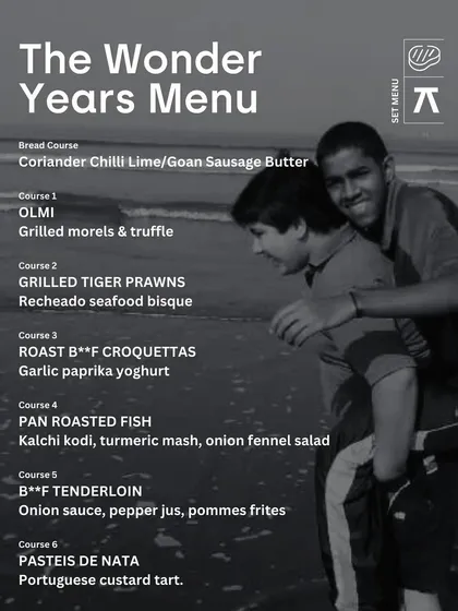 The non-vegetarian menu for 'The Wonder Years', featuring dishes like Grilled Tiger Prawns and Beef Tenderloin.