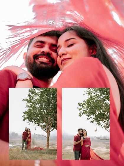 A collage that uses a dramatic, low-angle shot of the couple to create a powerful and intimate image.