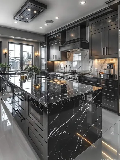 I design luxurious kitchens that are both beautiful and highly functional. This black marble island kitchen features high-gloss cabinetry, integrated appliances, and dramatic lighting to create a statement space for cooking and entertaining.
