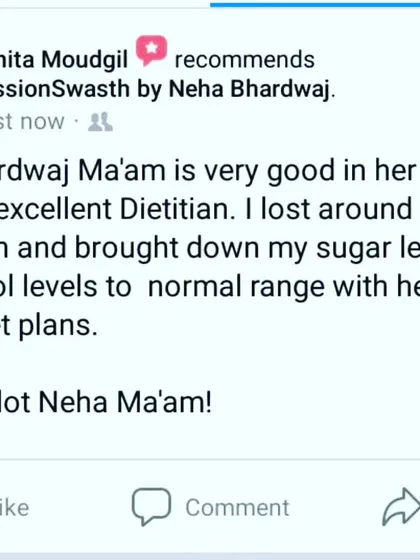 I am so grateful for feedback like this. This client not only lost 5 kg in one month but also successfully brought her blood sugar and cholesterol levels back to a normal range. It highlights my approach of using simple, easy to follow diet plans to achieve significant health goals.