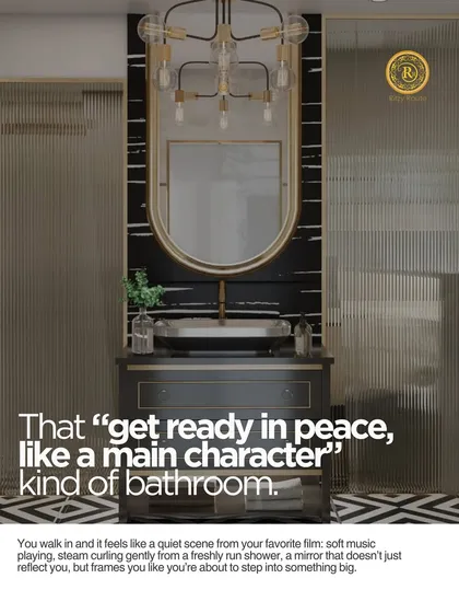 This is that "get ready in peace, like a main character" kind of bathroom. I combined bold black marble, fluted glass, and a statement vanity to create a space that feels like a scene from a film, where you can prepare for your day with quiet confidence.