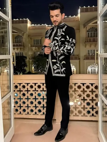 Another shot of the black and silver floral Jodhpuri, showing the detail on the sleeves.