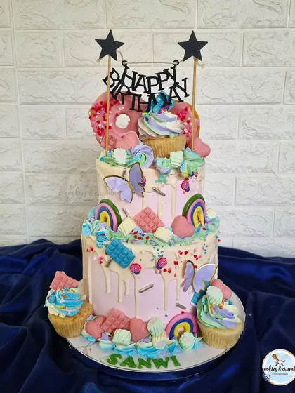 This candyland themed party cake was so much fun to create. With multiple tiers, colorful drips, cupcakes, and tons of sweet details, it shows how I can build a large, vibrant centerpiece for a big celebration.