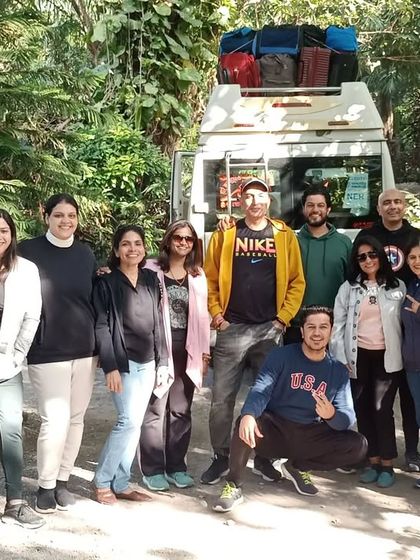 Ready for the next adventure. Our Rishikesh retreat group poses for a photo before heading out.