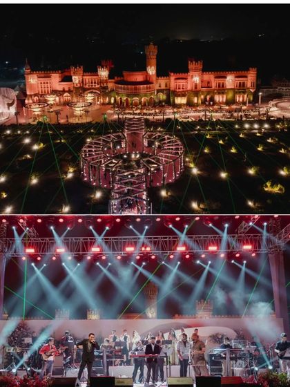 A collage showing the castle lit up at night and a view of the concert stage, showcasing the grand scale of the entertainment and decor.