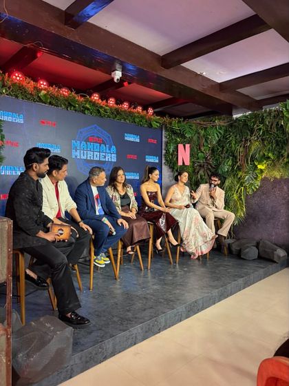 The cast of 'Mandala Murders' in a Q&A session at the Netflix launch event. We managed the artists, stage, and interactive elements of this immersive and cryptic press launch.