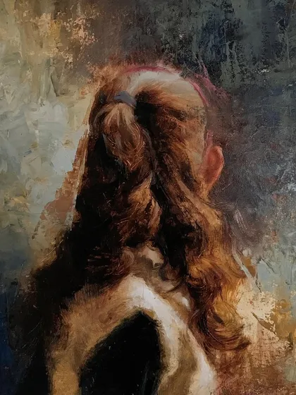 A detail of the painting "Tomorrow's Identity is in Exclusion." The focus on the hair and the turned posture reinforces the theme of being unseen and the social exclusion of the slum girl child.
