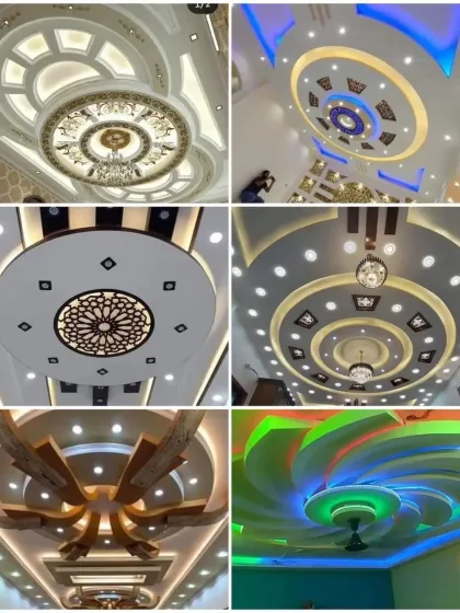 A collection of beautiful and ornate false ceiling designs. This gallery showcases my expertise in creating circular medallions, intricate patterns with chandeliers, and colorful, multi-level masterpieces.