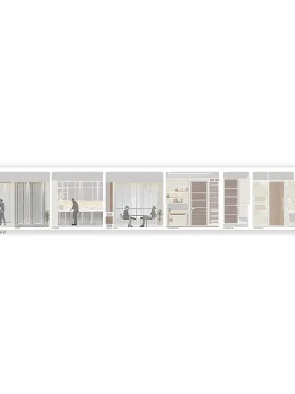 Architectural drawings for 'Pad By The Bay.' This sectional view shows the planned layout of the interiors, illustrating the flow between the living, dining, and kitchen areas.