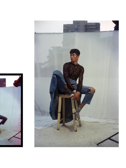 A shot from a 35mm film series, presented as a contact sheet layout. The raw, unpolished feel of the outdoor setup with a simple white backdrop emphasizes the model's pose and the lace top.