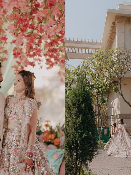 A diptych from Aditya and Megha's Mehendi, showing the couple's happy interaction and a wider view of them walking, all set against the beautiful floral decor.