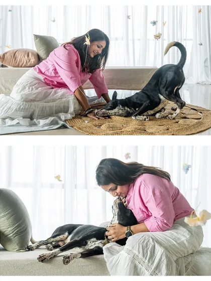A collage showing the playful and tender moments between a dog mom and her Indie. From rolling on the floor to gentle kisses, it's a celebration of their bond.