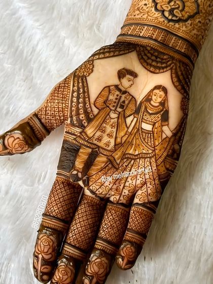 Another view of the couple's portrait, showing how the design wraps around the fingers with delicate rose patterns, adding a soft touch to the overall look.