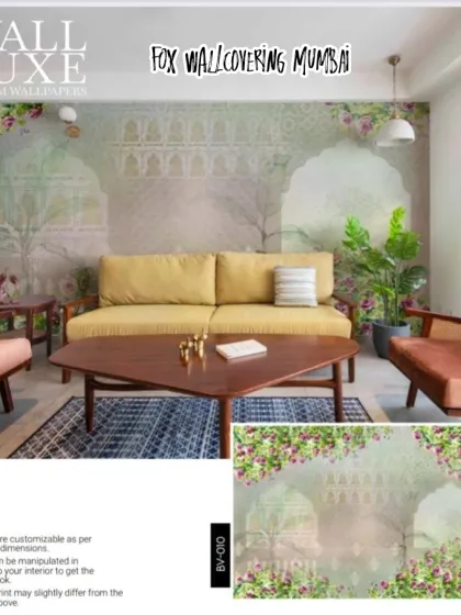 A beautiful 'Wall Luxe' design combining Indian architectural arches with a foreground of blooming flowers. It's a perfect blend of culture and nature.