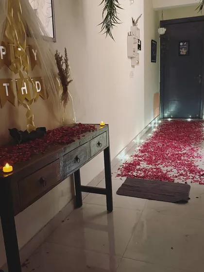 Welcome to your private getaway. For a perfect first impression, especially for a birthday or anniversary surprise, I can set up the entrance with a path of rose petals and candles.
