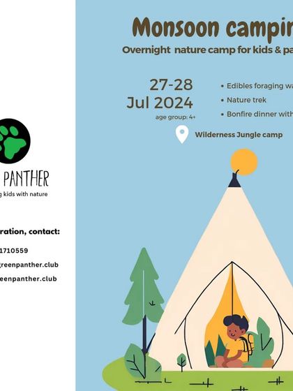 Our Monsoon Camping poster, inviting families to an overnight nature camp featuring an edibles foraging walk, a nature trek, and a bonfire dinner.