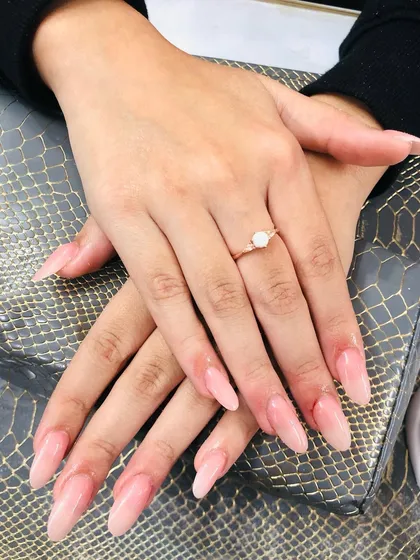 Simple, clean, and long extensions with a sheer pink polish. This is the perfect base for any art or just beautiful on its own.