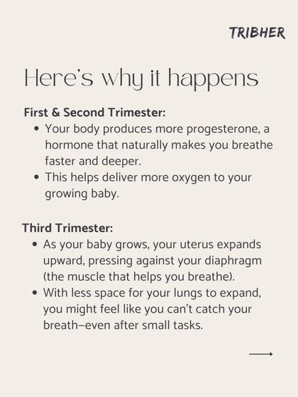 Here's the science behind why you feel out of breath. In the first and second trimesters, progesterone makes you breathe faster. By the third, your expanding uterus gives your lungs less space.